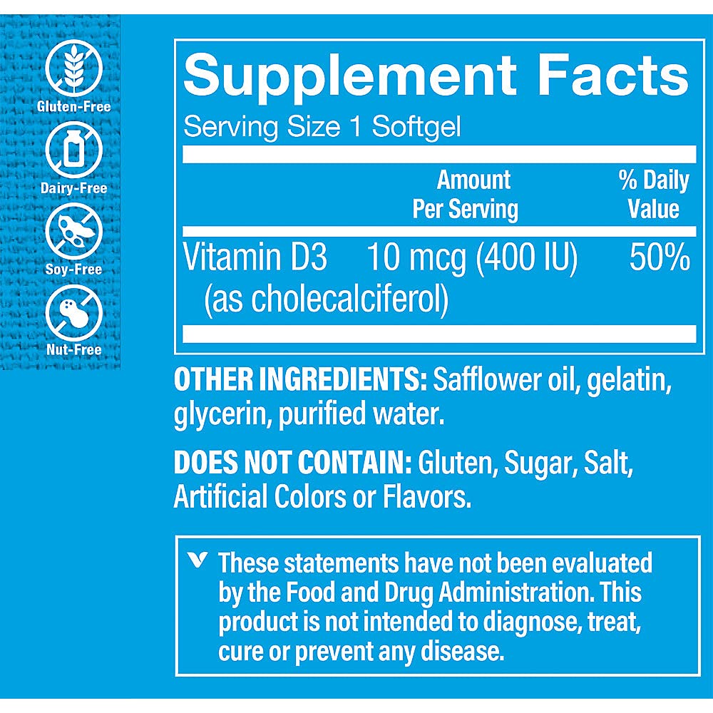 Gélule de vitamine D3 400UI de The Vitamin Shoppe sur fond blanc