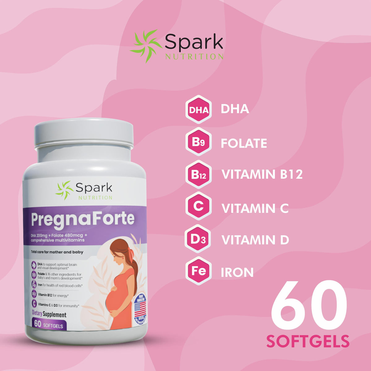 Gélule de vitamine prénatale Spark Nutrition vue de près