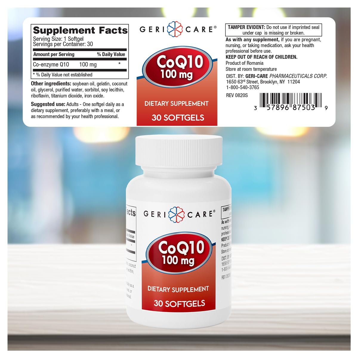 Gélule GeriCare CoQ10 100mg sur une surface blanche