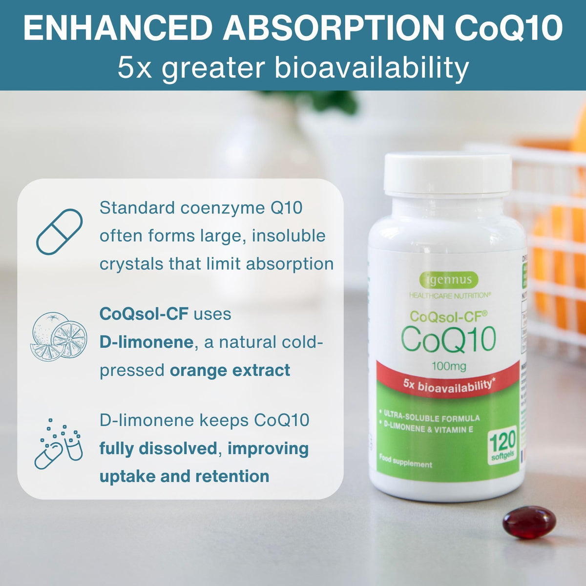 Gélule Igennus CoQSol CoQ10 100mg sur fond blanc