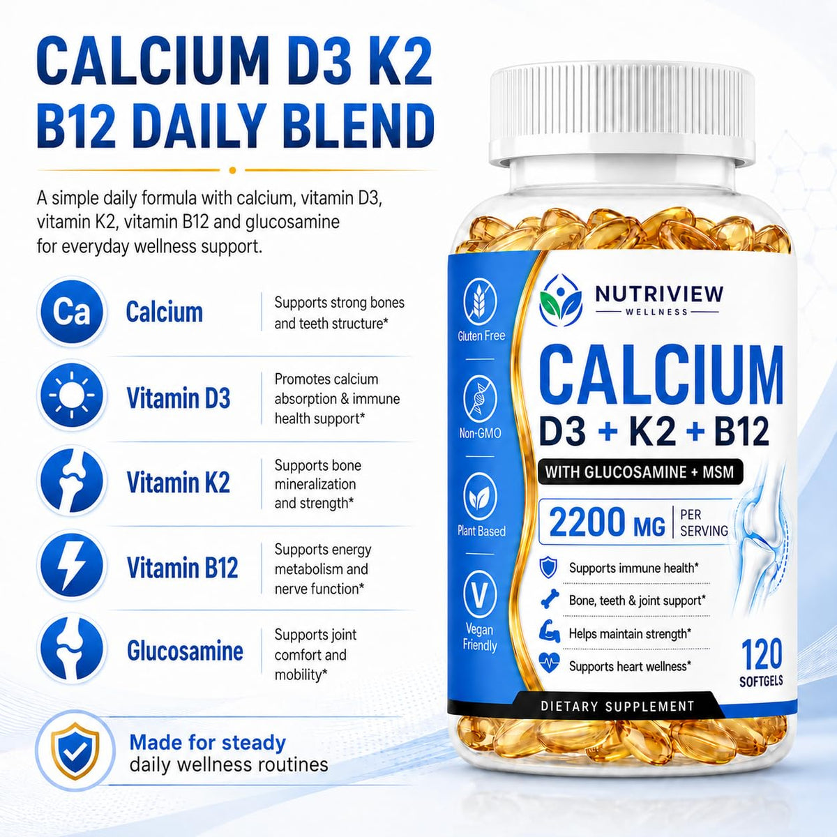 Gélule KBOWQ Nutriview Calcium D3 K2 B12 en gros plan