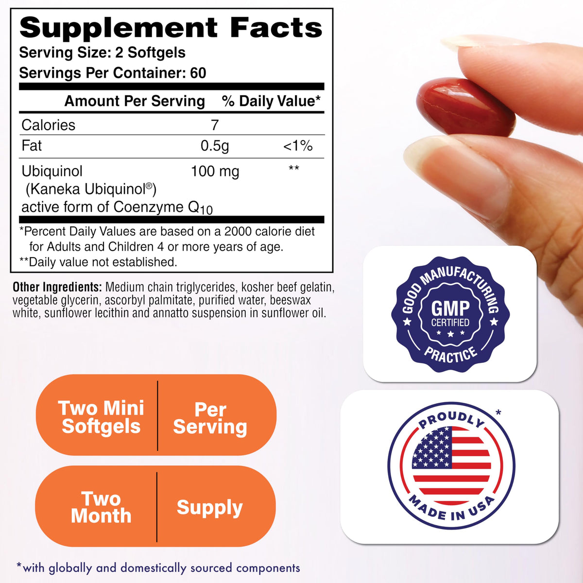 Gélule mini Ubiquinol 100 mg de Health Thru Nutrition sur fond blanc