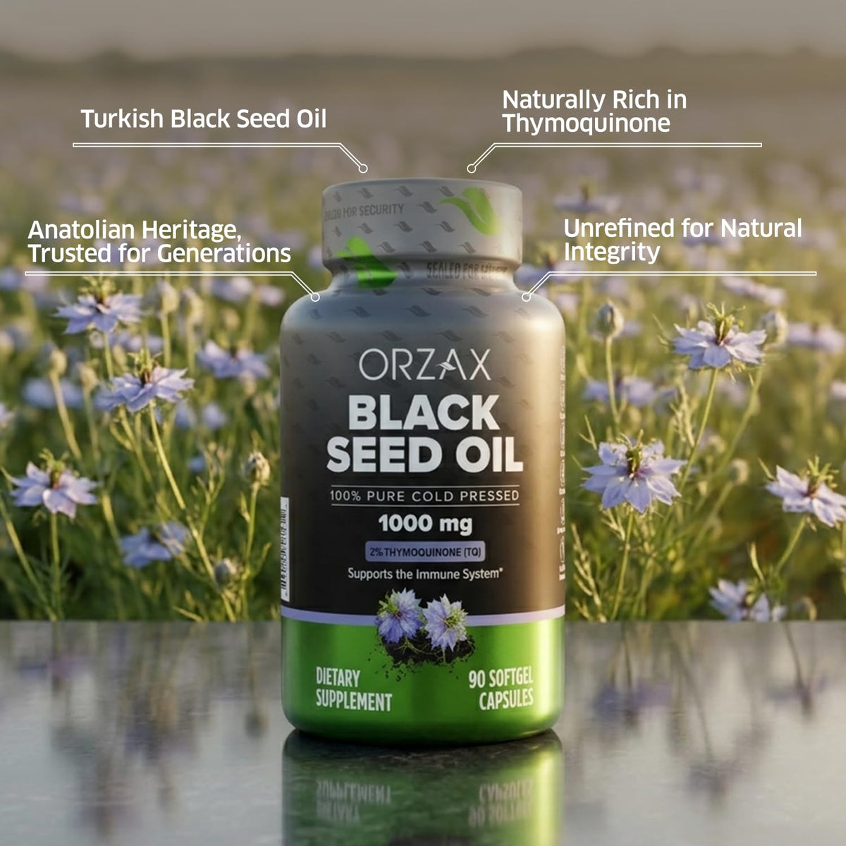 Gélule molle d'huile de graines noires ORZAX vue de près