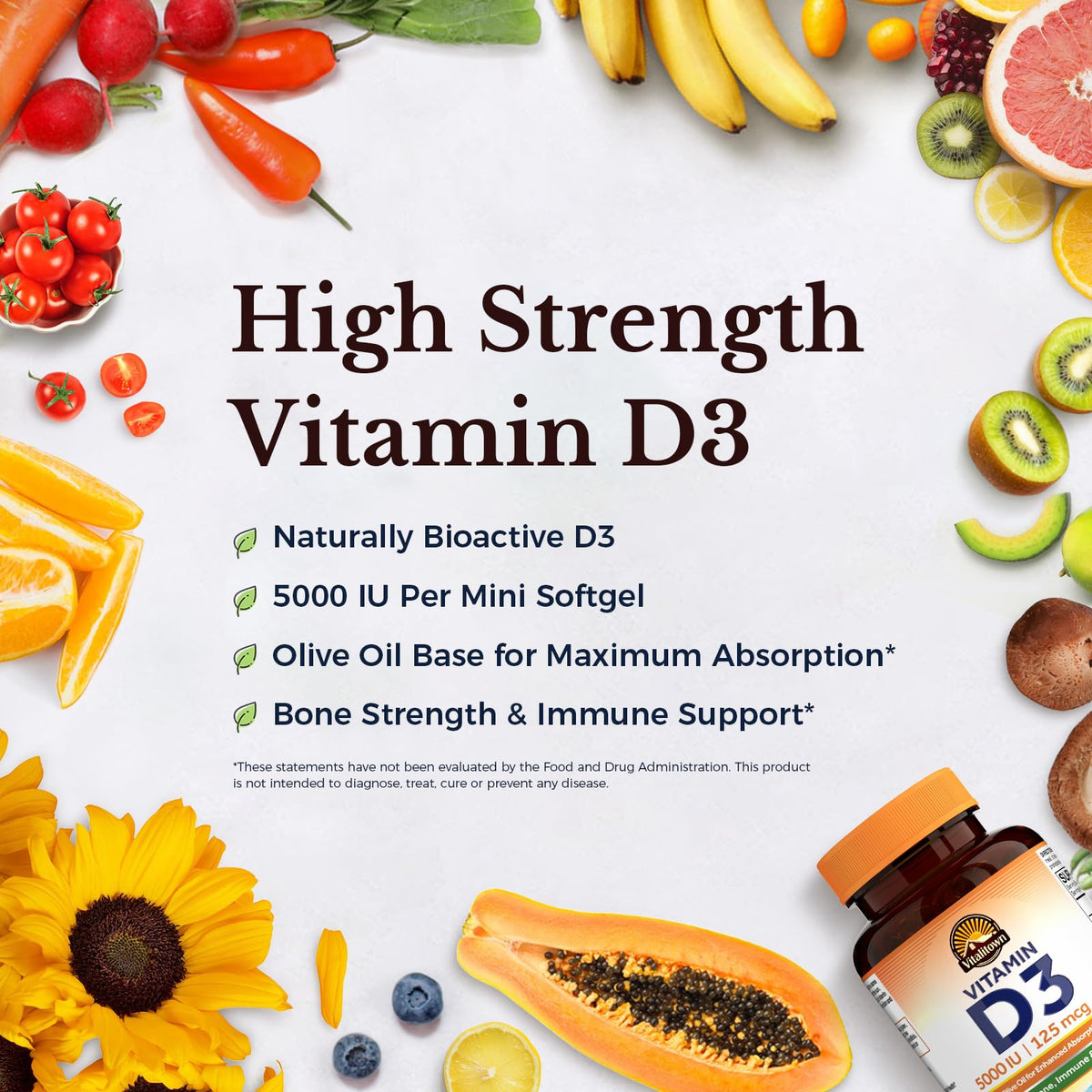 Gélule molle de Vitamine D3 de Vitalitown sur fond blanc