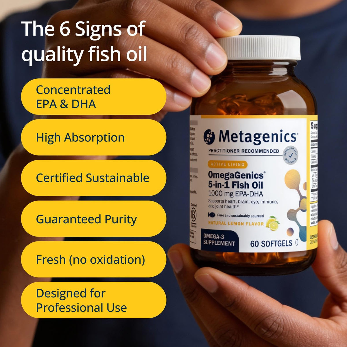 Gélule molle Metagenics OmegaGenics Omega-3 avec étiquette visible