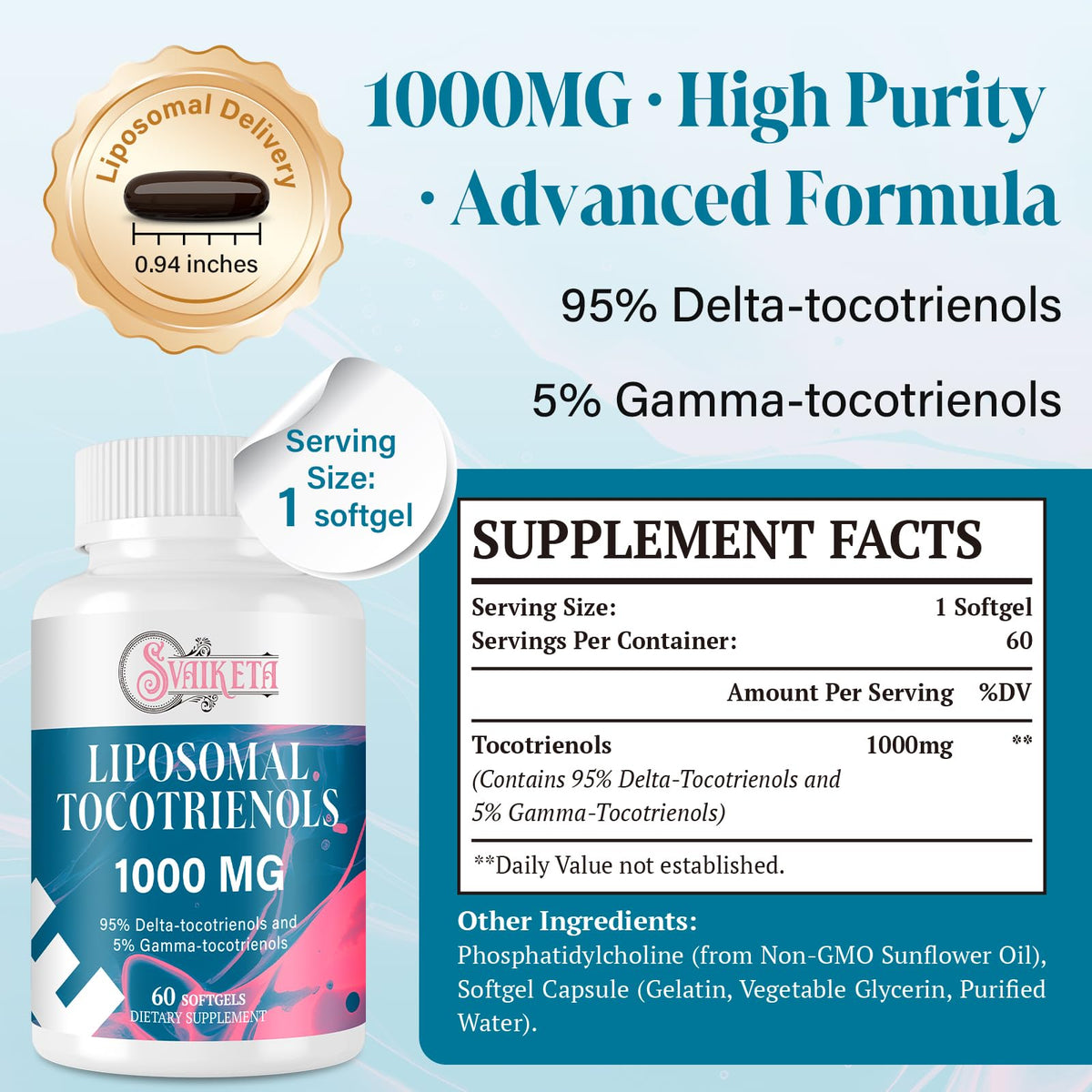 Gélule molle Svaiketa Tocotrienols 1000mg sur fond blanc