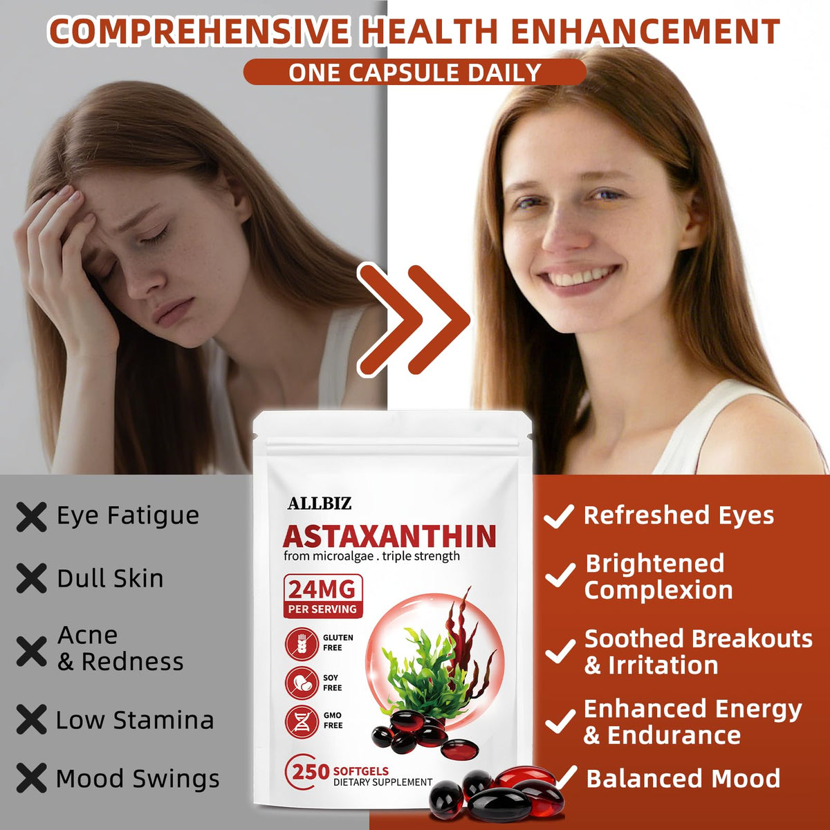 Gélule softgel ALLBIZ Astaxanthin 24mg sur fond blanc