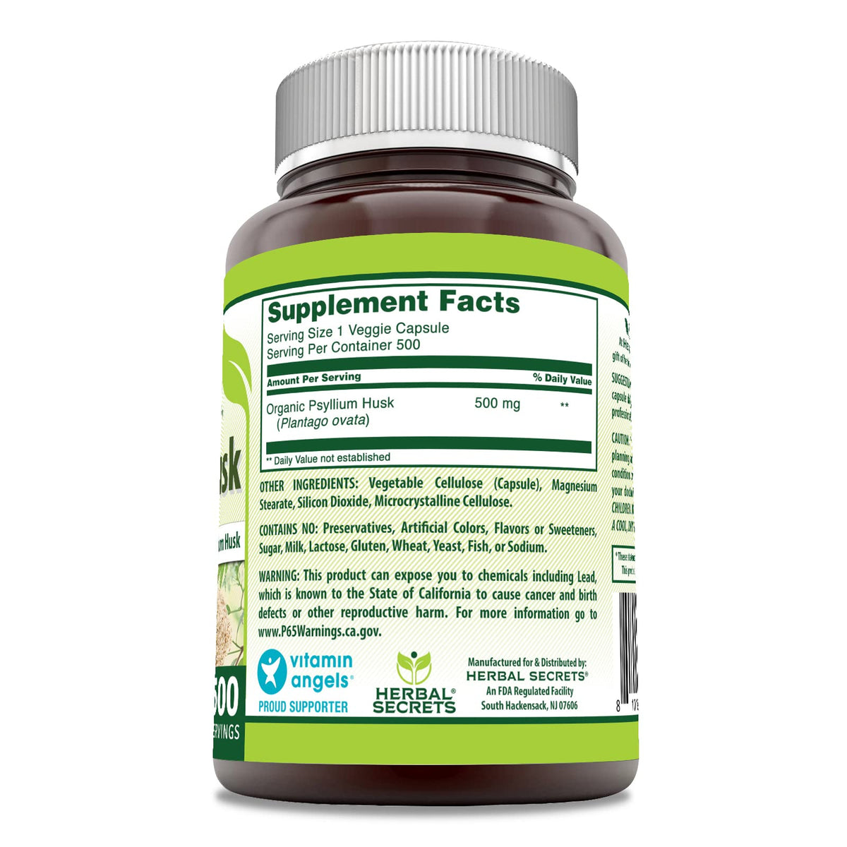 Gélule végétale de psyllium Herbal Secrets avec dosage de 500 mg