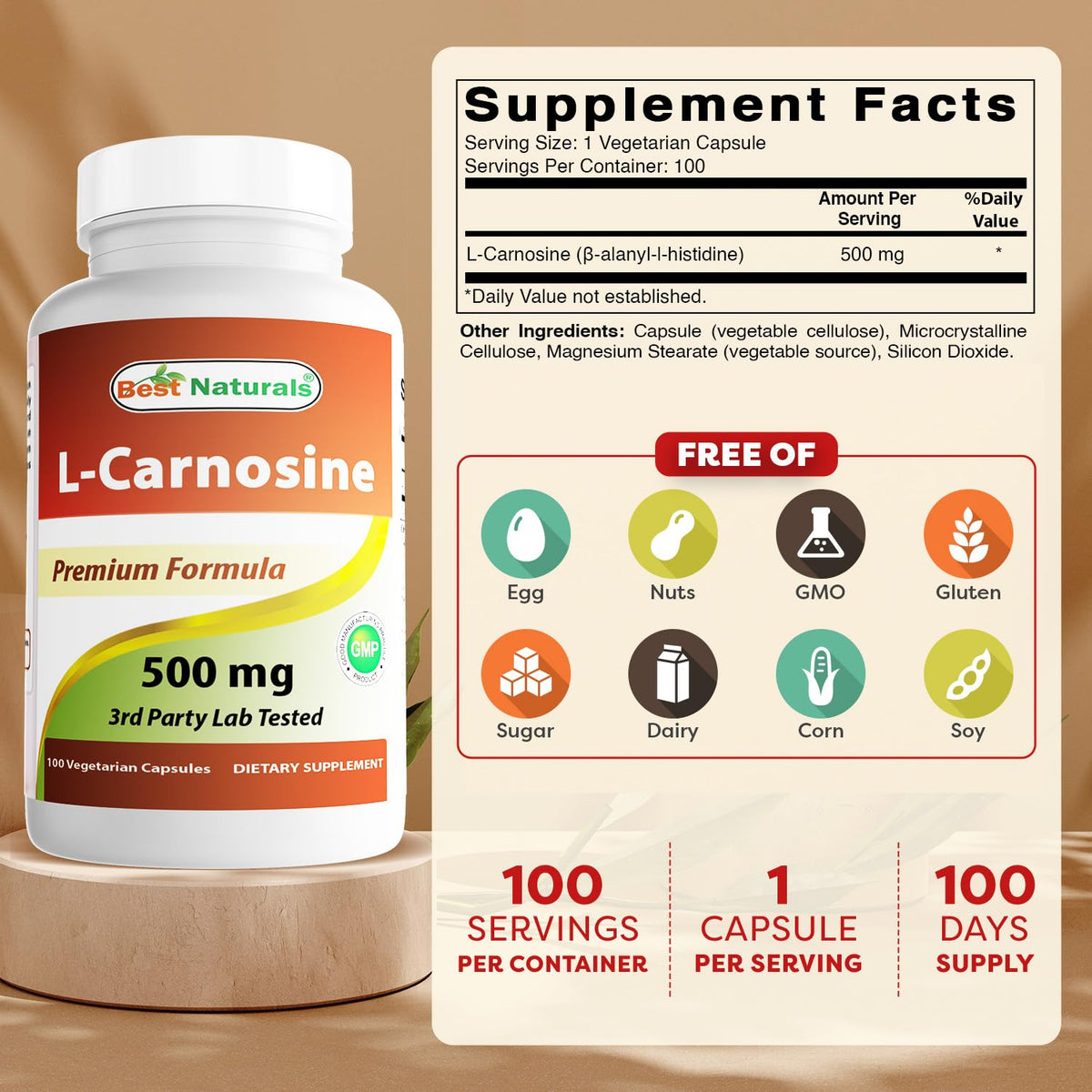Gélule végétarienne Best Naturals L-Carnosine 500 mg