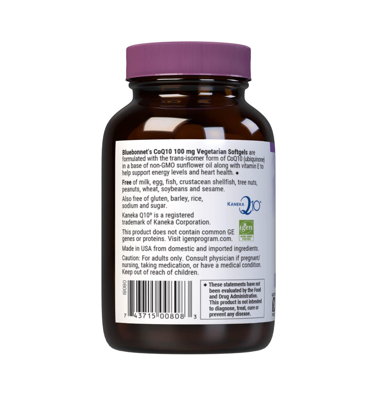 Gélule végétarienne BlueBonnet CoQ-10 100 mg sur une surface blanche