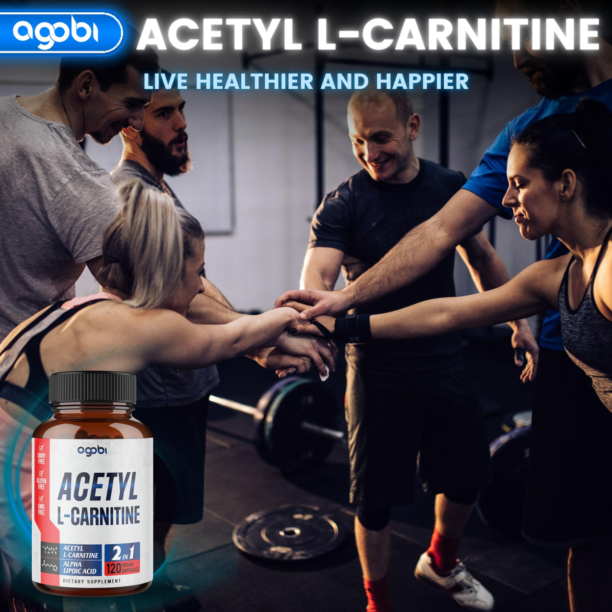 Gélules agobi Acetyl L-Carnitine avec fruits frais en arrière-plan