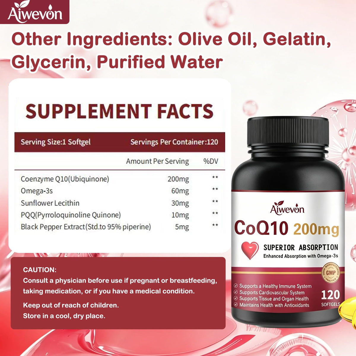 Gélules Aiwevon CoQ10 200mg avec PQQ et Omega 3, vue latérale