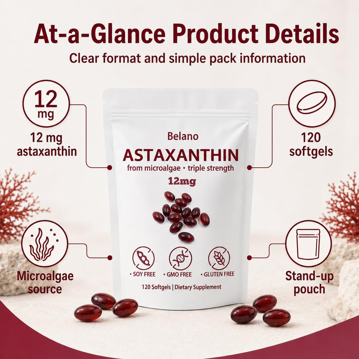 Gélules Astaxanthin Belano sur une table en bois