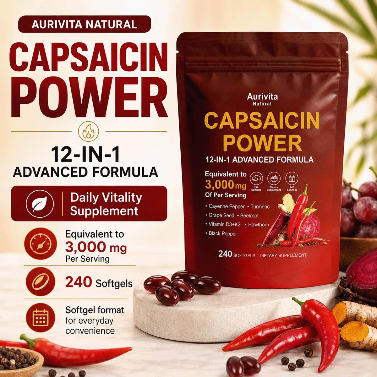 Gélules Aurivita Capsaicin RCSCBC sur un fond blanc