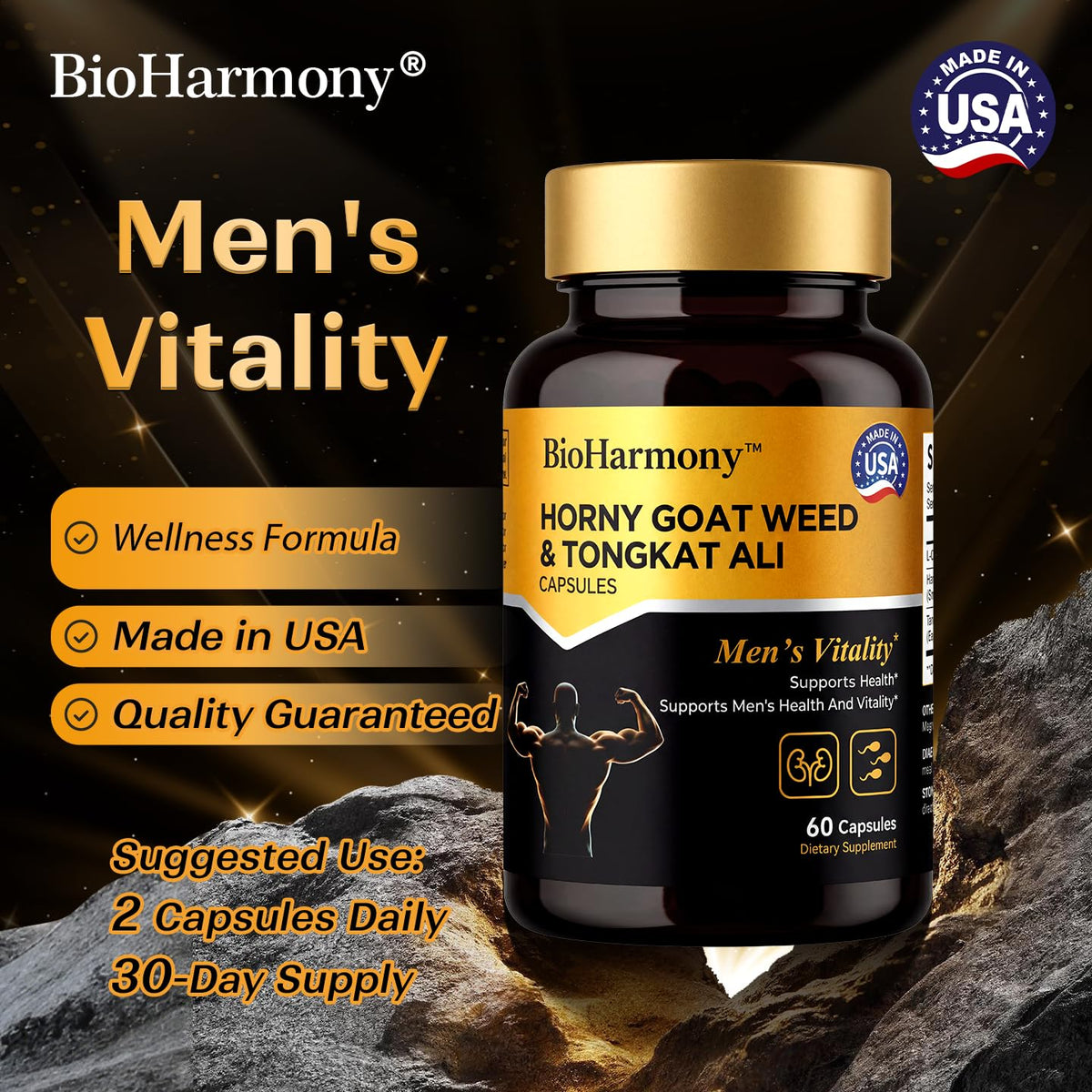 Gélules BioHarmony Hornygoatweed sur une surface blanche