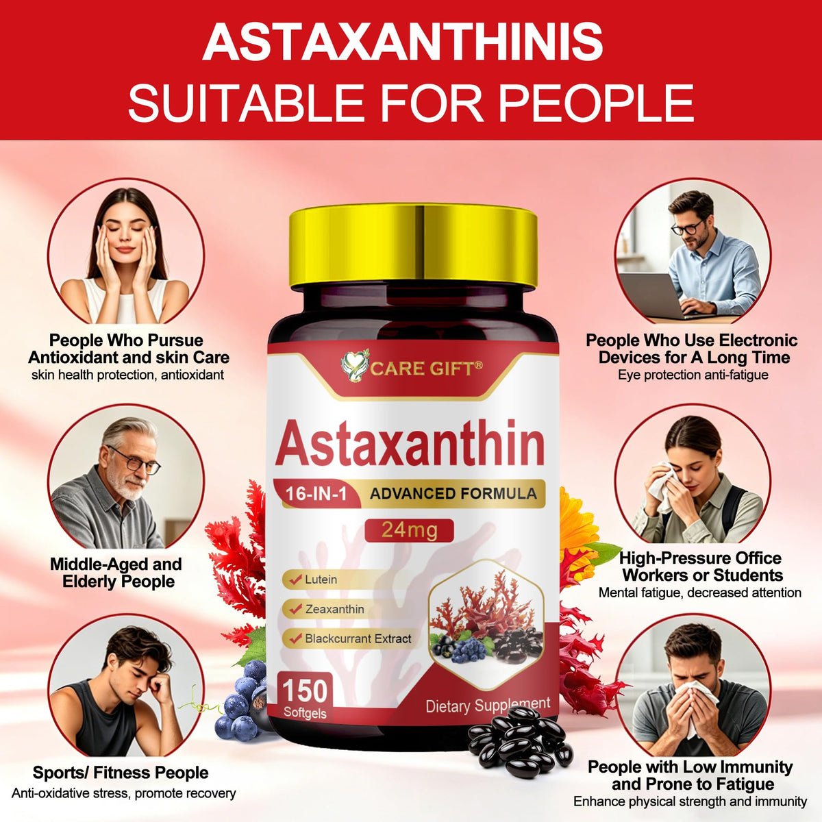 Gélules CARE GIFT Astaxanthine 24mg avec un verre d'eau