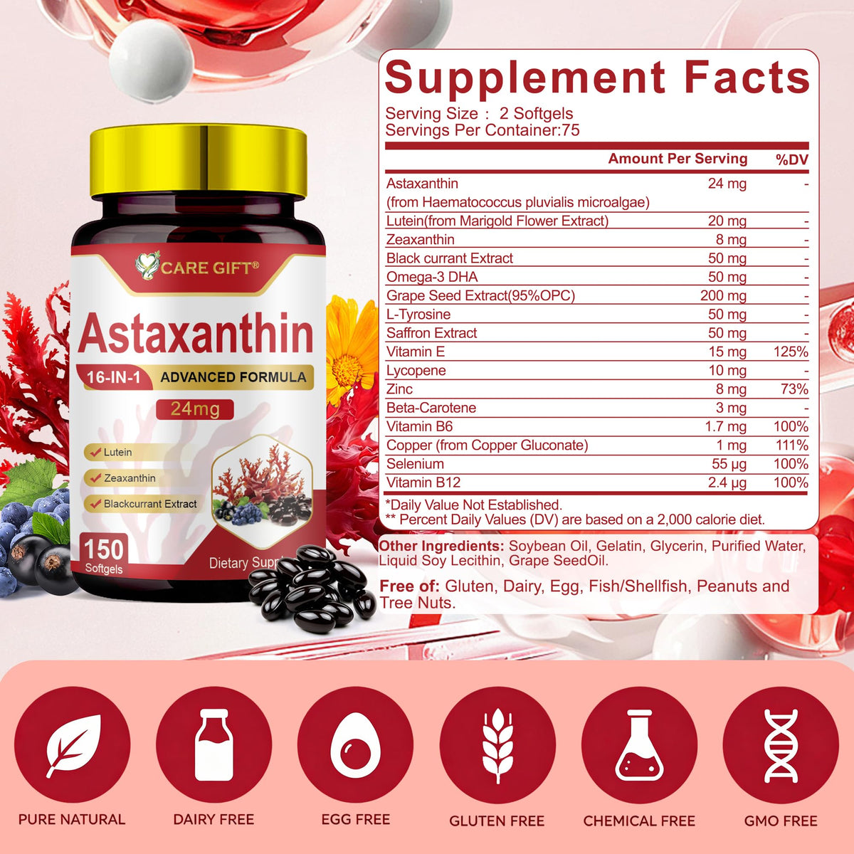 Gélules CARE GIFT Astaxanthine 24mg sur fond blanc