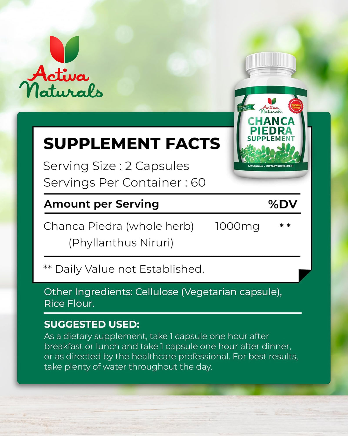 Gélules Chanca Piedra Activa Naturals, détail sur l'étiquette