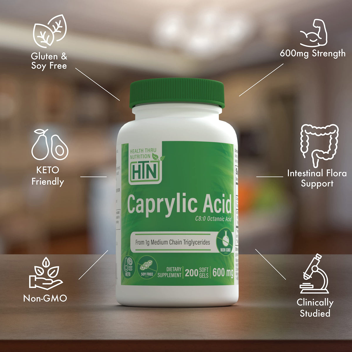 Gélules d'acide caprylique Health Thru Nutrition sur une table