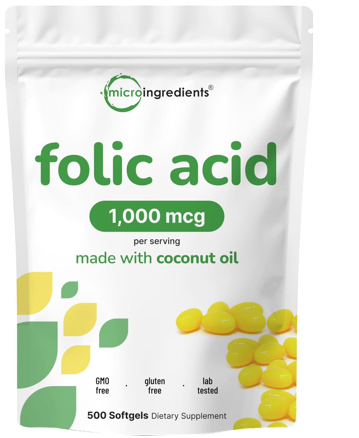 Gélules d'acide folique 1000 mcg de Micro Ingredients en face
