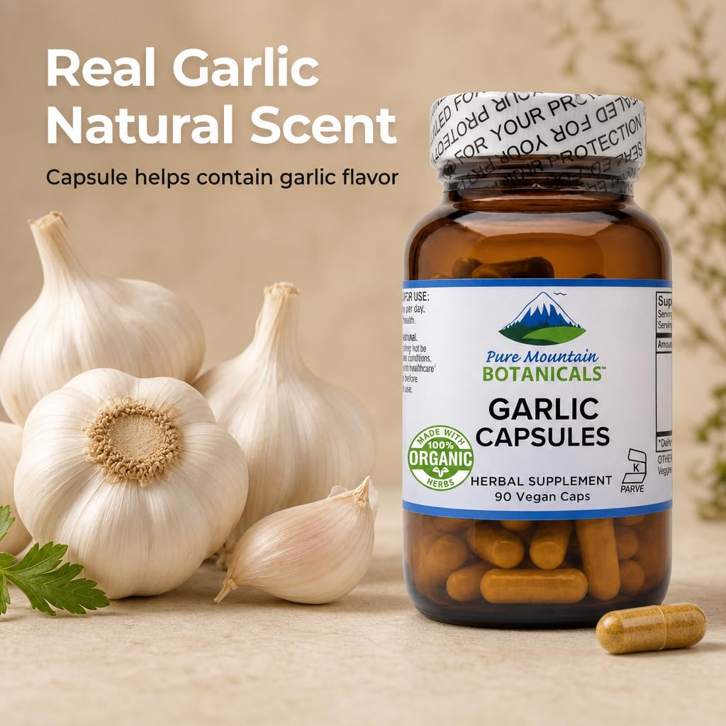 Gélules d'ail bio Pure Mountain Botanicals 500mg sur une table