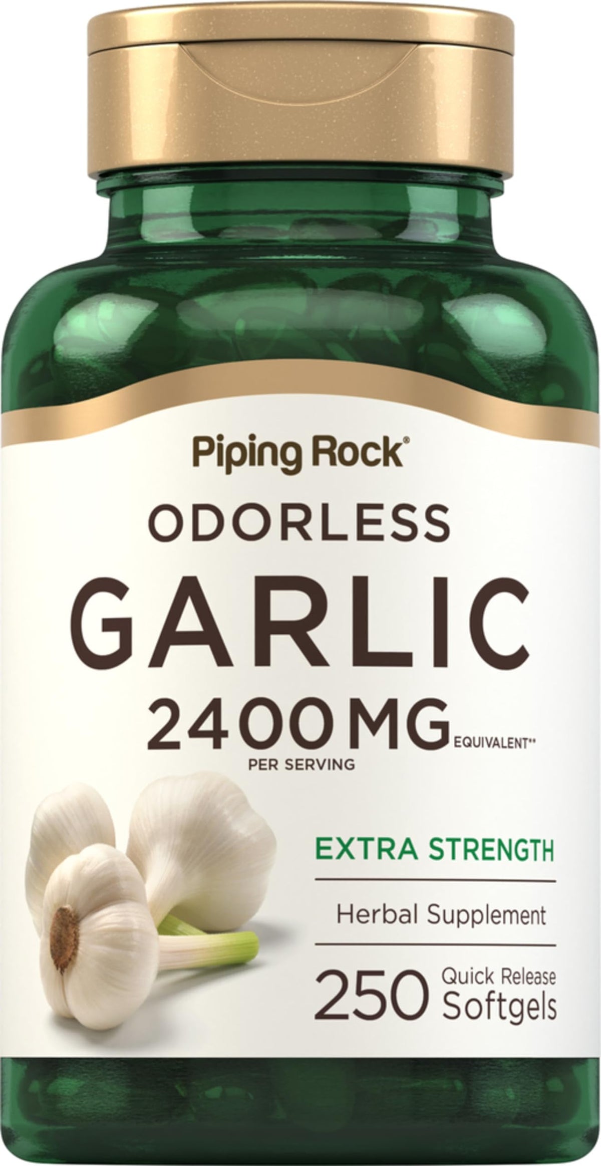 Gélules d'ail inodore Piping Rock, 250 softgels vue de face
