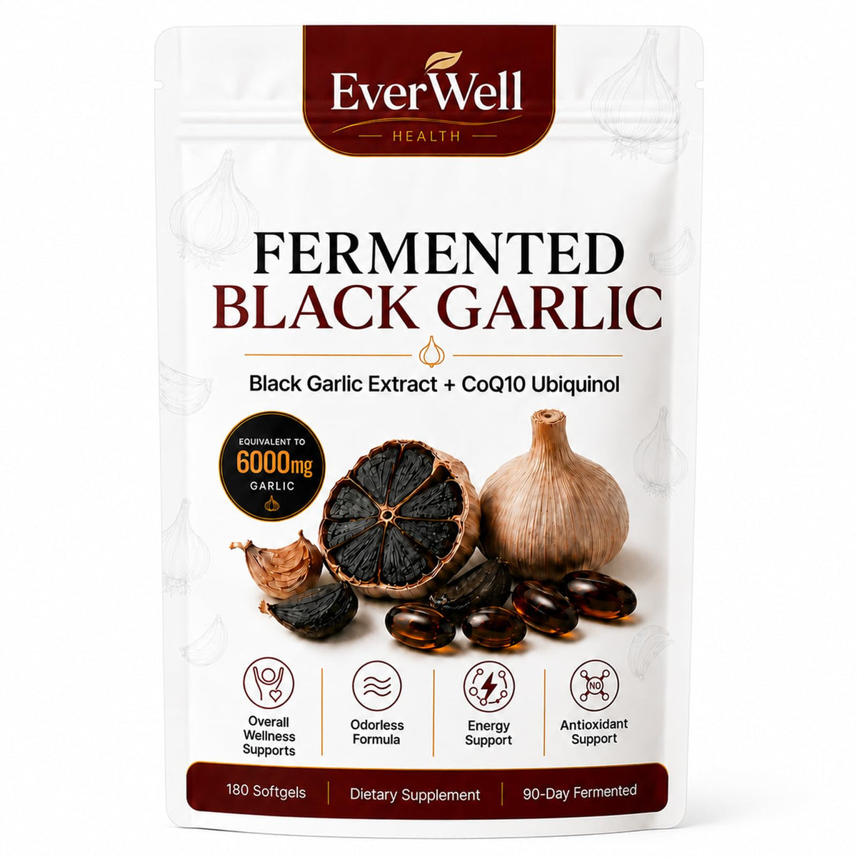 Gélules d'ail noir fermenté et CoQ10 Ubiquinol EverWell Health vue de face