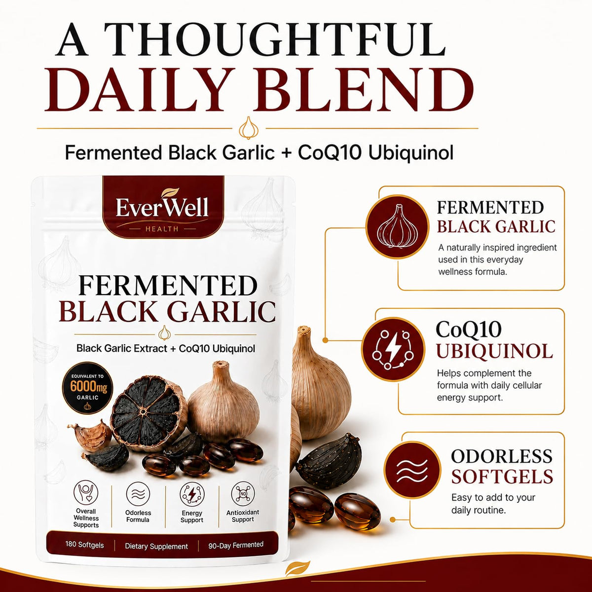 Gélules d'ail noir fermenté et CoQ10 Ubiquinol sur fond blanc