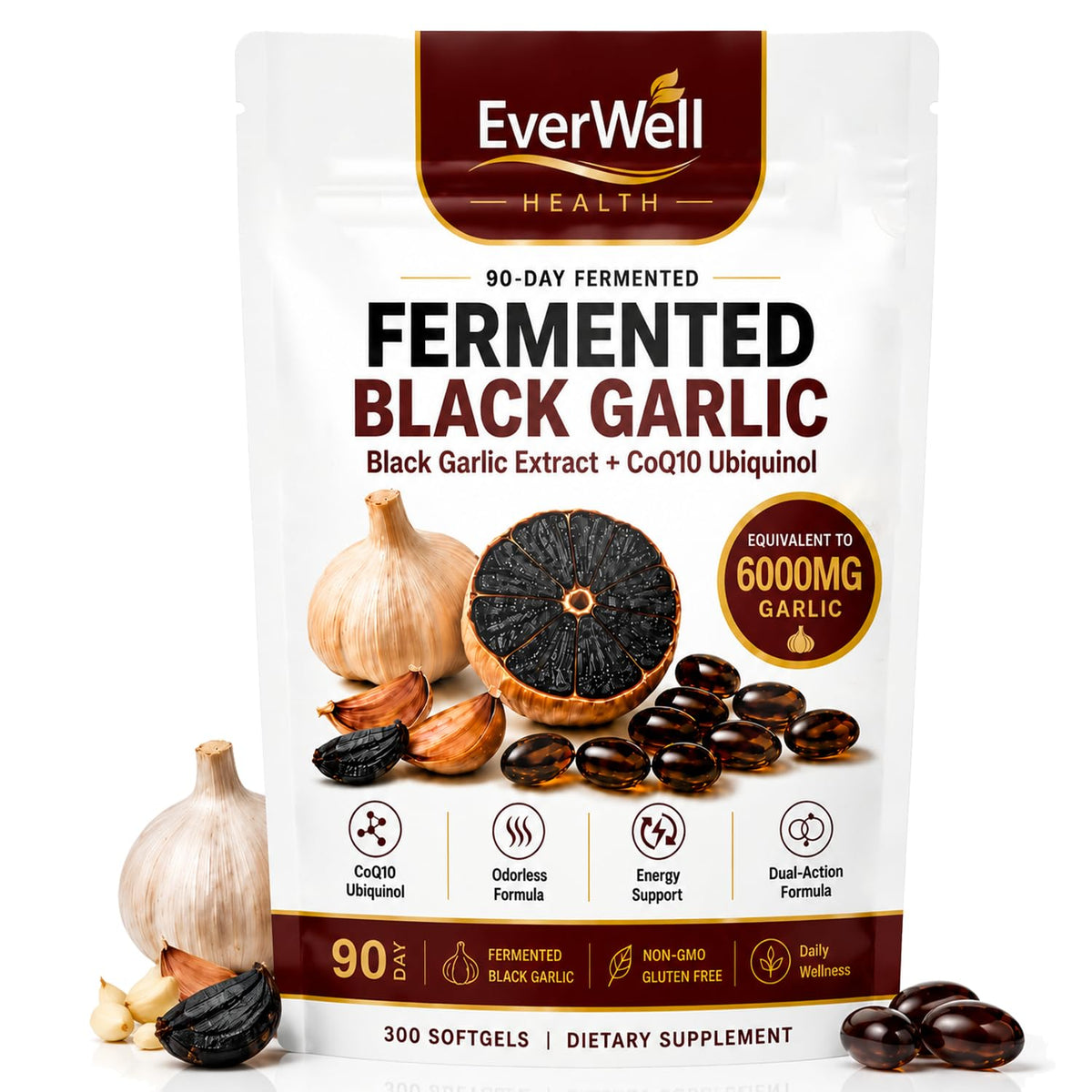 Gélules d'ail noir fermenté EverWell Health 300 softgels vue de face