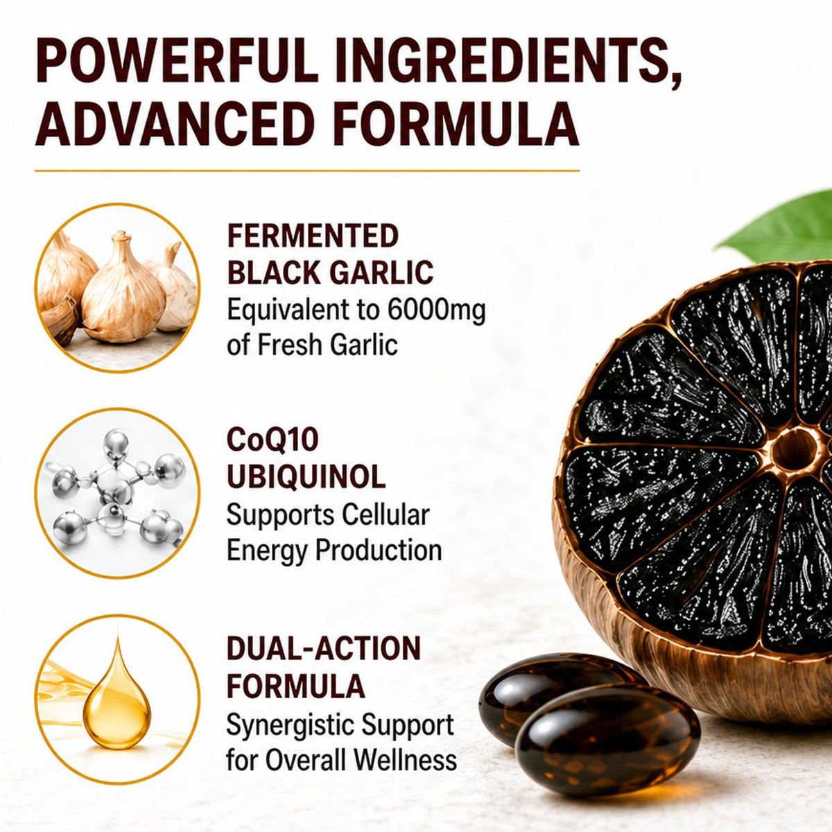 Gélules d'ail noir fermenté EverWell Health ouvertes pour montrer leur taille