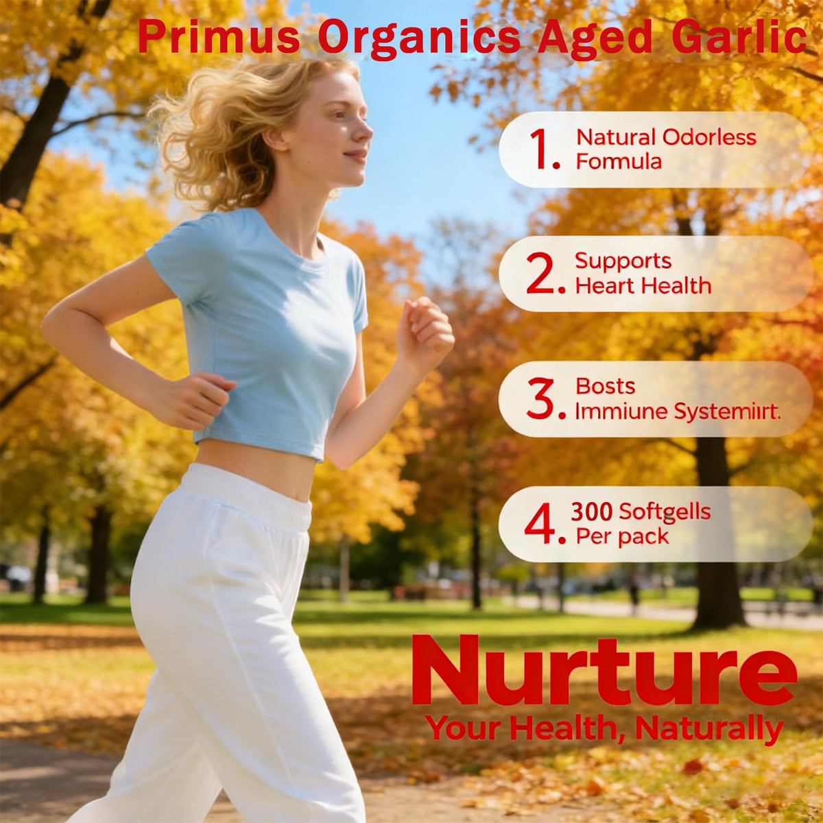 Gélules d'Ail Vieilli Primus Organics sur fond blanc
