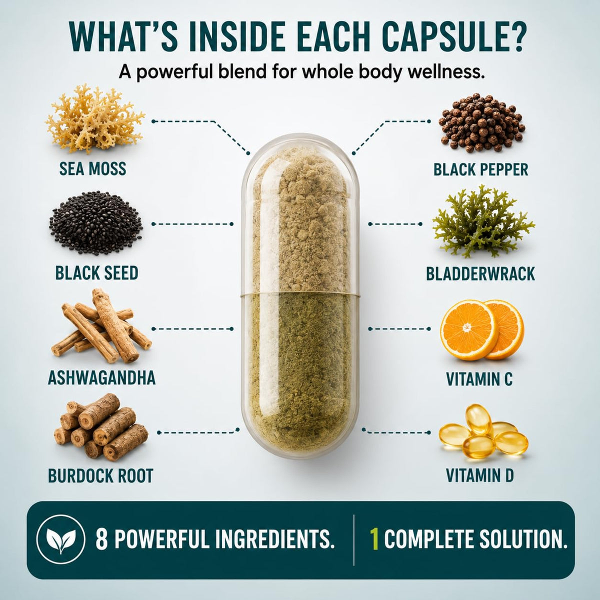 Gélules d'algue marine Darkingwings sur une table en bois