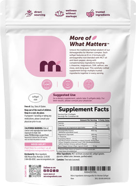 Gélules d'Ashwagandha pour Femmes avec étiquette et dosage