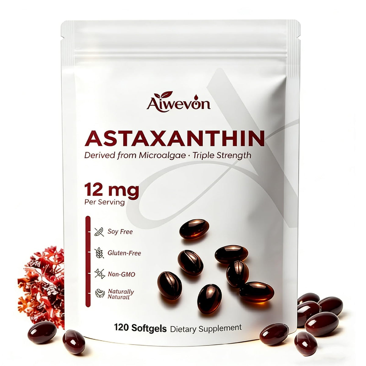 Gélules d'astaxanthine Aiwevon 12mg en bouteille de 120 unités