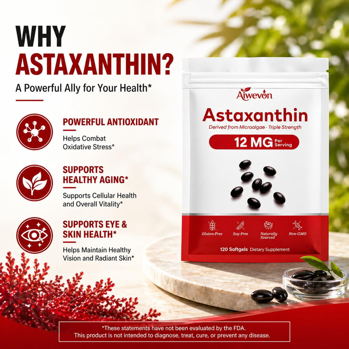 Gélules d'astaxanthine Aiwevon sur un comptoir de cuisine