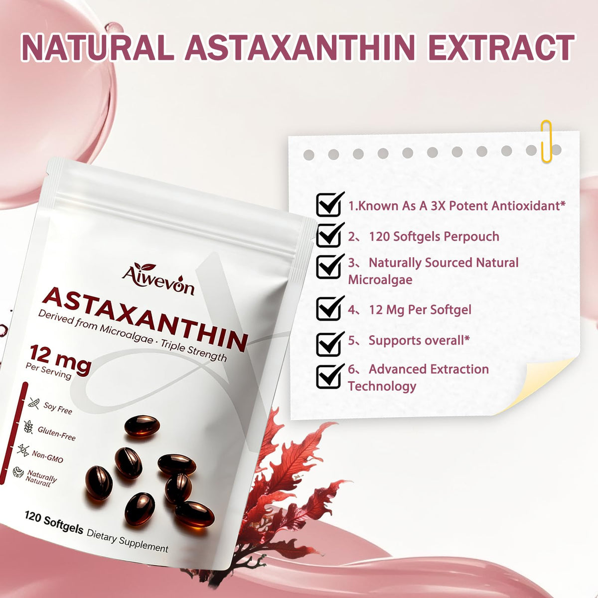 Gélules d'astaxanthine Aiwevon sur une table en bois