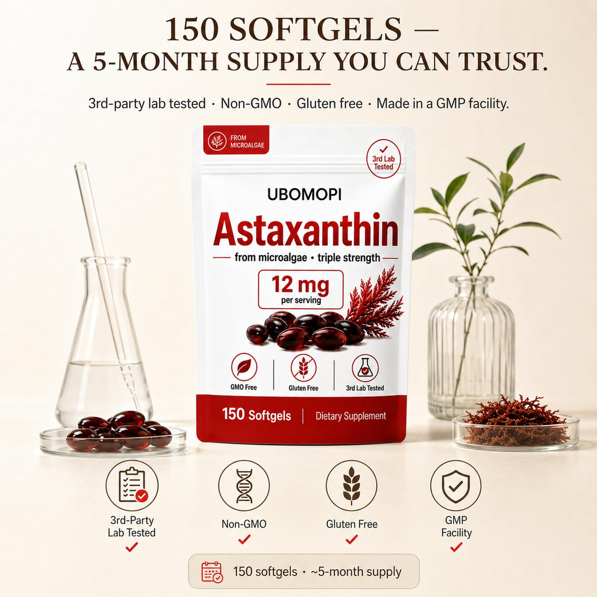 Gélules d'astaxanthine UBOMOPI avec un verre d'eau