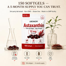 Gélules d'astaxanthine UBOMOPI avec un verre d'eau