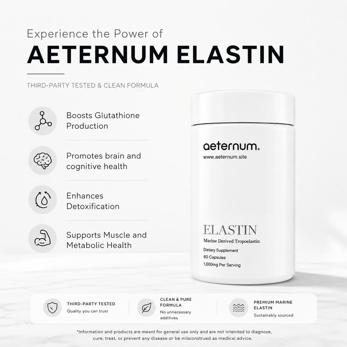 Gélules d'élastine marine aeternum 500mg sur un fond neutre