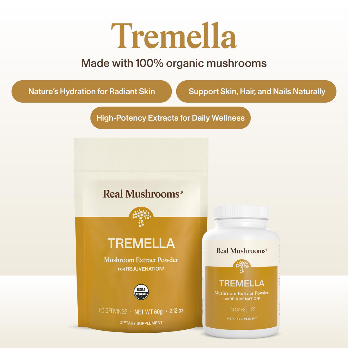 Gélules d'extrait de champignon Tremella Real Mushrooms avec une cuillère