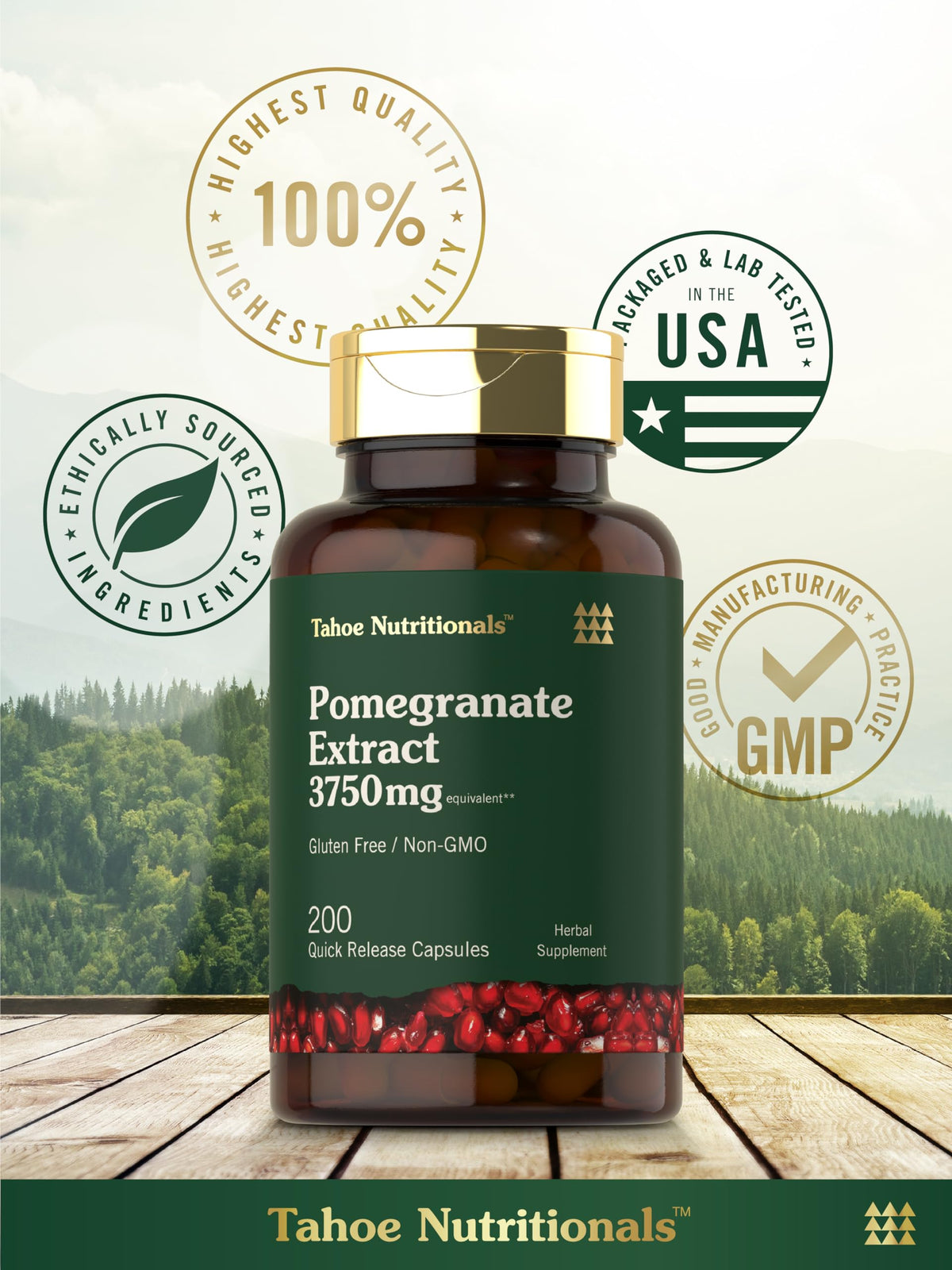 Gélules d'extrait de grenade Tahoe Nutritionals sur un fond naturel
