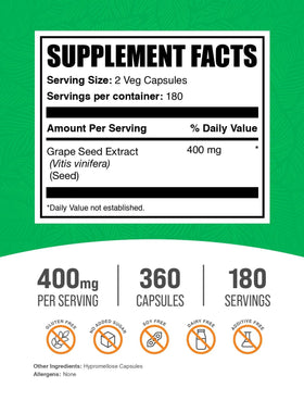 Gélules d'extrait de pépin de raisin BulkSupplements avec étiquette détaillée