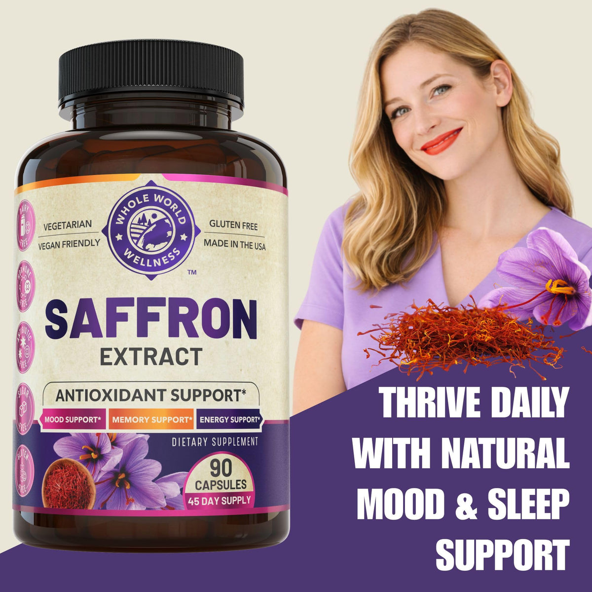 Gélules d'extrait de safran pur WHOLE WORLD WELLNESS sur fond blanc