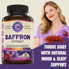 Gélules d'extrait de safran pur WHOLE WORLD WELLNESS sur fond blanc