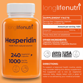 Gélules d'hespéridine LongLifeNutri sur un fond blanc