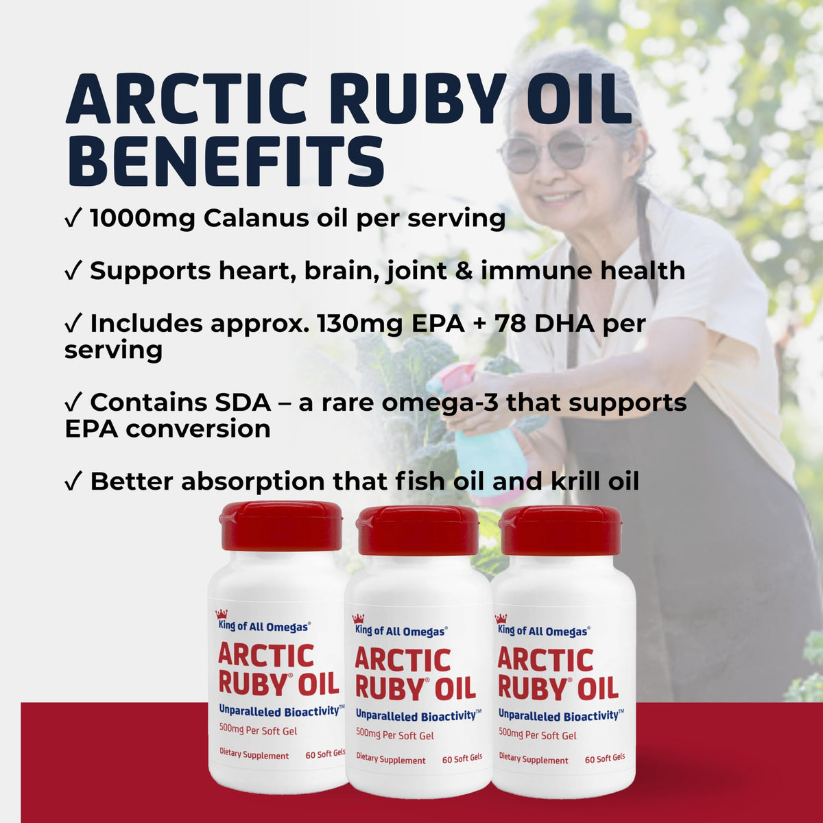 Gélules d'huile Arctic Ruby Omega 3 sur un fond en bois