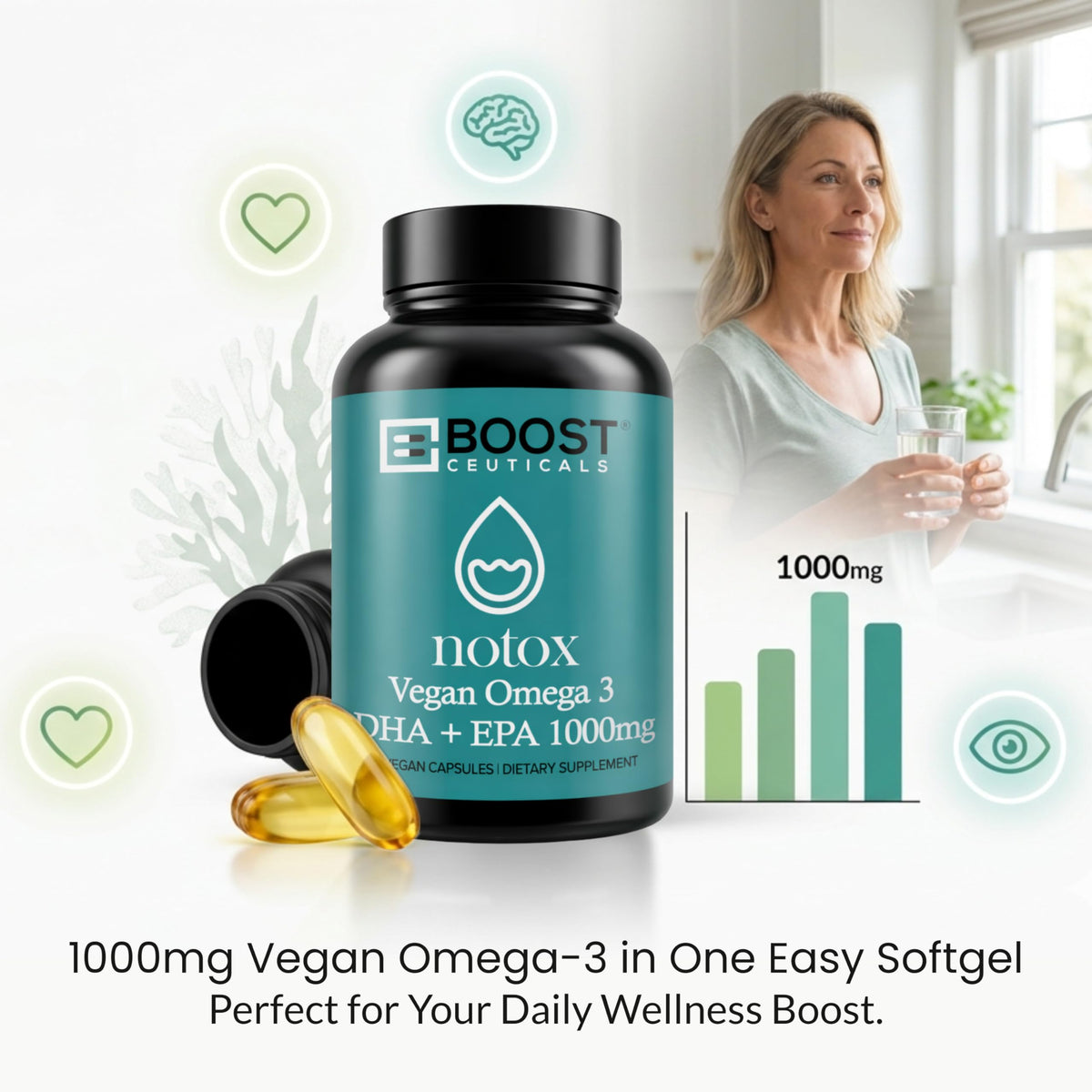 Gélules d'huile d'algue Omega 3 Vegan DHA 410mg avec étiquette visible