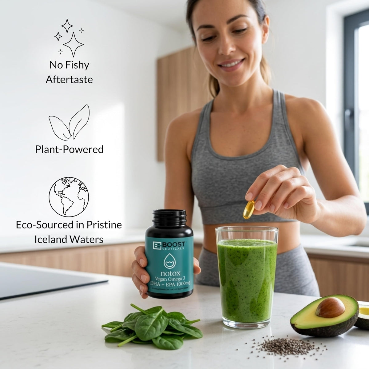 Gélules d'huile d'algue Omega 3 Vegan sur fond blanc