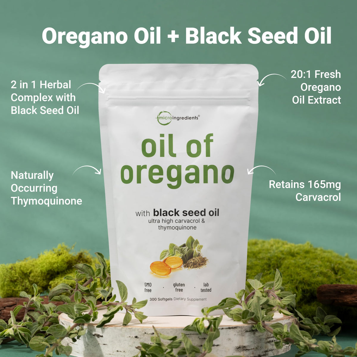 Gélules d'huile d'origan et de graines noires Micro Ingredients dans une cuillère