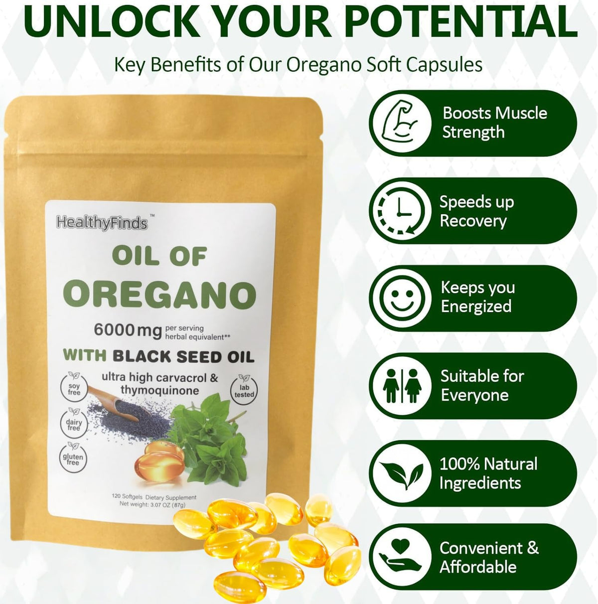 Gélules d'huile d'origan HealthyFinds avec une cuillère